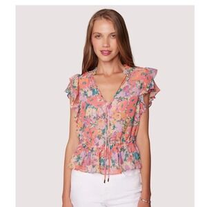 Lost + Wander Floral Bliss Ruffle Sleeve Blouse Top‎ Peach V Neck Womens Small